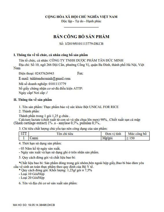 BỘT UNICAL FOR RICE (CANXI CƠM NHẬT BẢN) (1 HỘP)